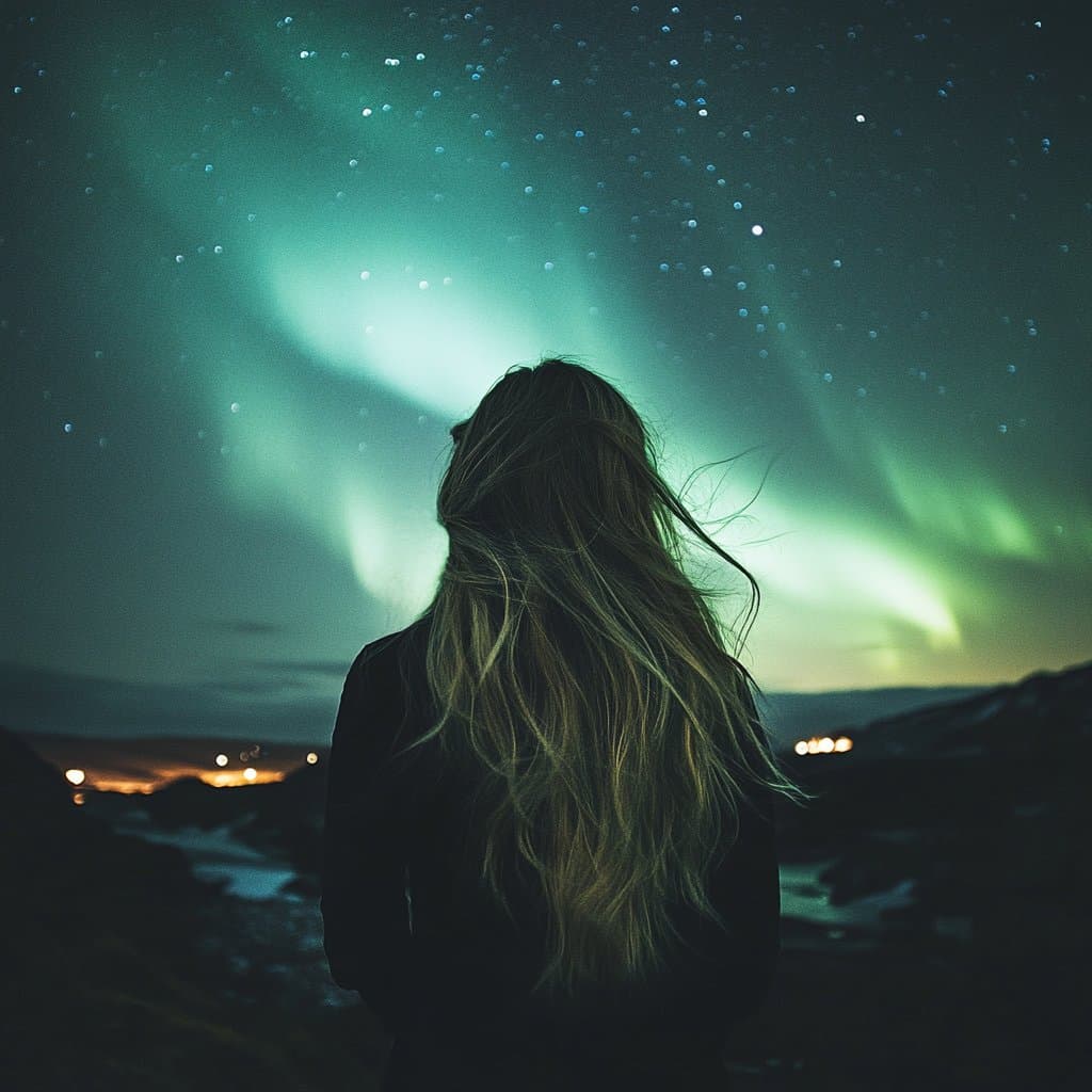 Author under northern lights